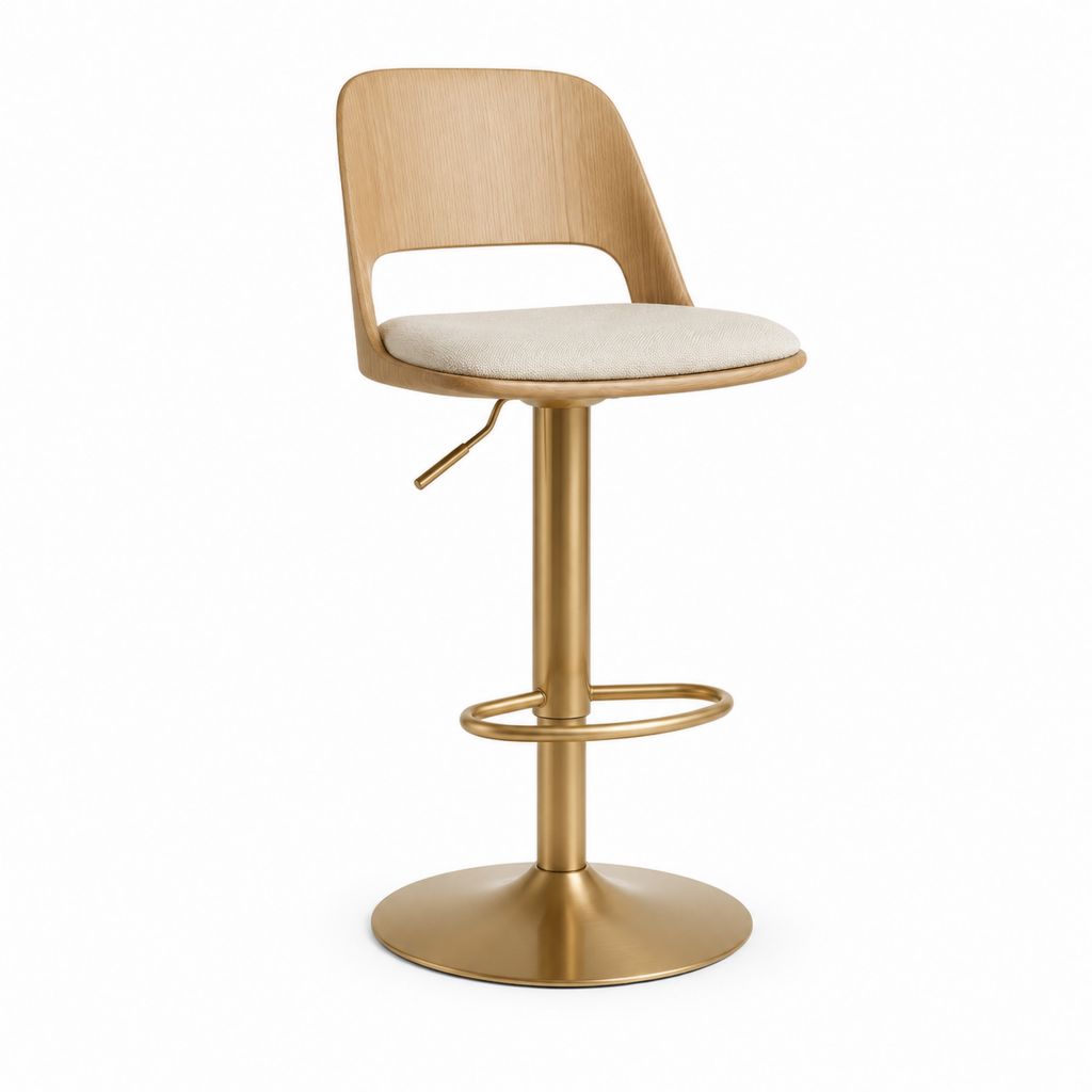 Tabouret de bar réglable pivotant beige et chêne avec pied doré 49 x 52 x 90-112 cm