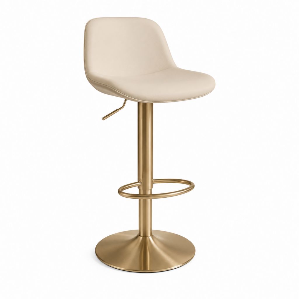 Tabouret de bar réglable pivotant beige en cuir synthétique PU avec piètement en acier doré 48 x 52 x 88-109 cm