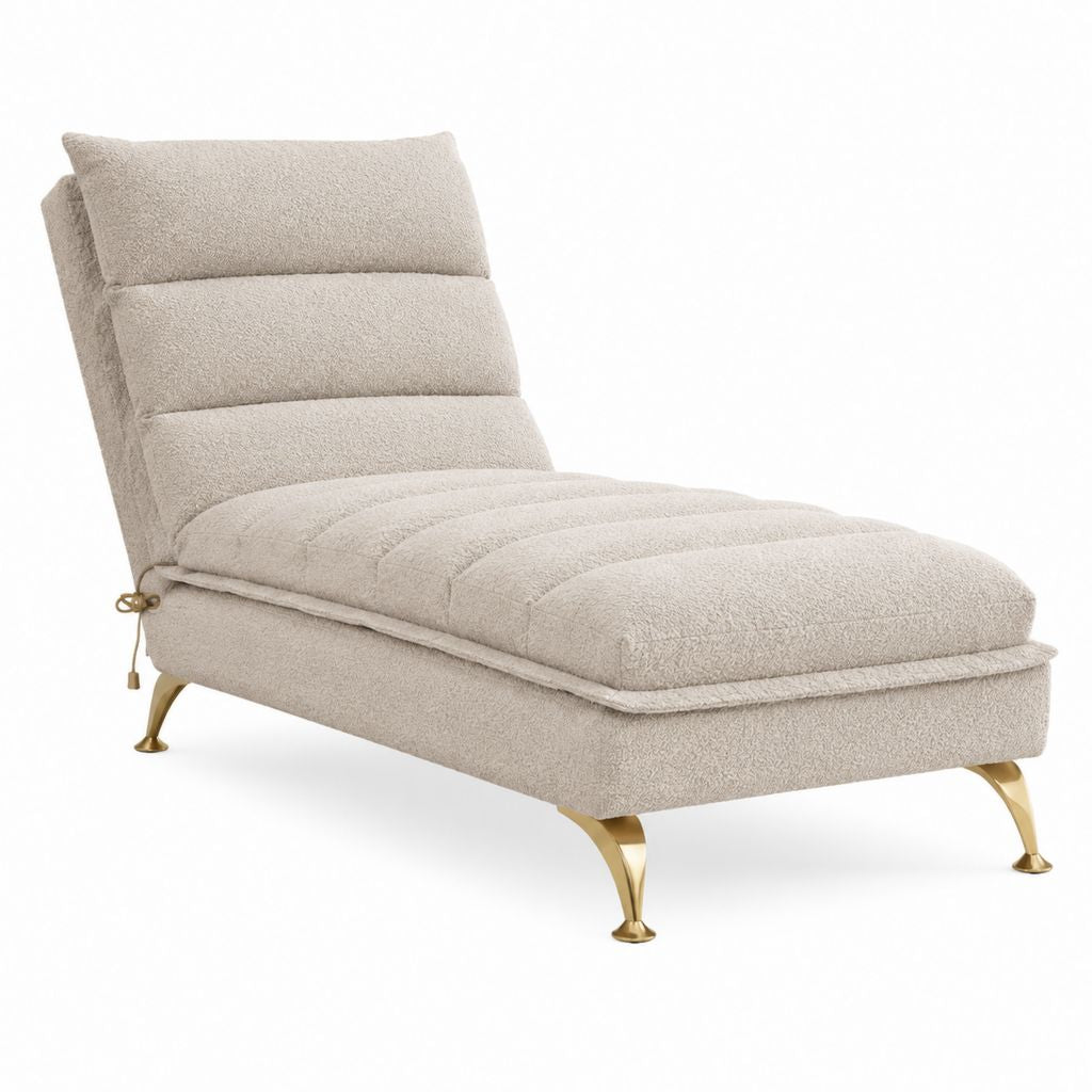 Méridienne chaise longue beige en polyester bouclé avec dossier réglable et pieds en acier 170 x 70 x 85 cm
