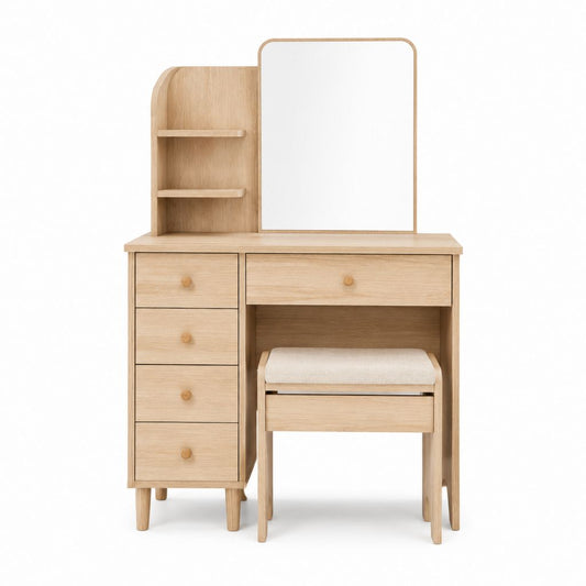 Coiffeuse avec miroir et tabouret chêne clair en panneaux de particules 100 x 40 x 150 cm