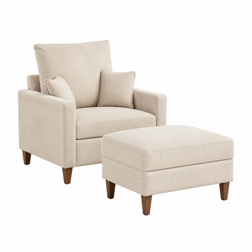 Fauteuil avec repose-pieds 2 pièces beige en velours côtelé polyester avec pieds en bois massif 90 x 88 x 92 cm et 75 x 55 x 43 cm