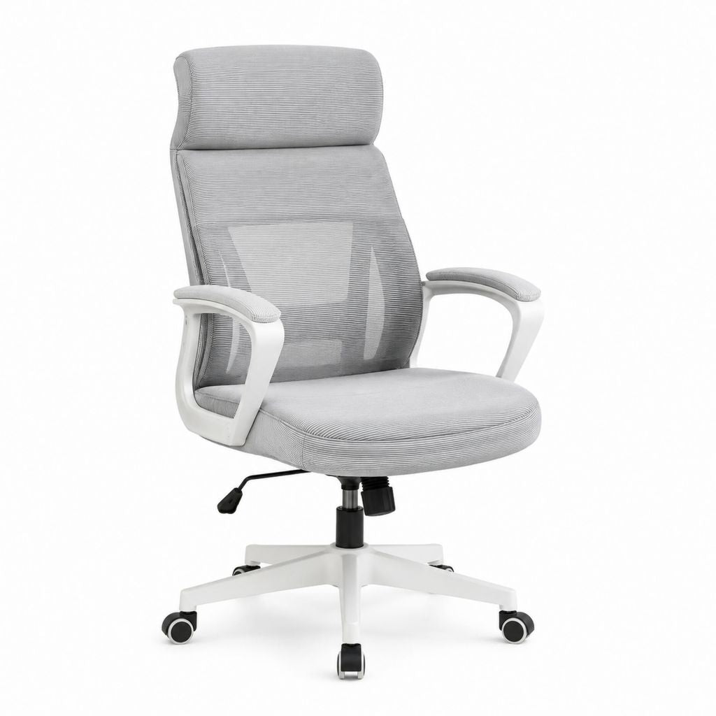 Chaise de bureau ergonomique grise en maille polyester avec appuie-tête 66 x 66 x 118-128 cm