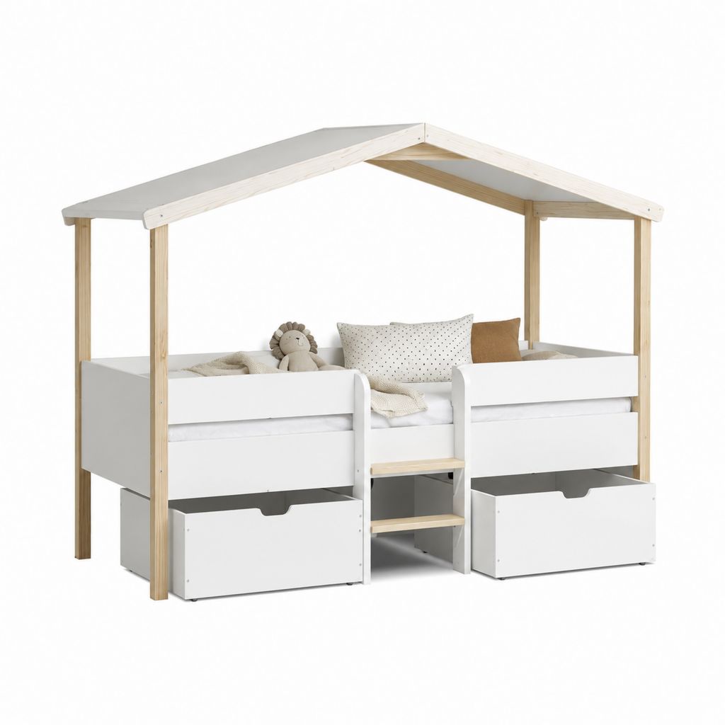 Lit cabane enfant blanc et pin massif avec 2 tiroirs 90 x 200 cm
