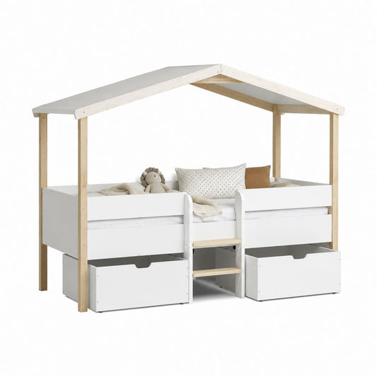 Lit cabane enfant blanc et pin massif avec 2 tiroirs 90 x 200 cm