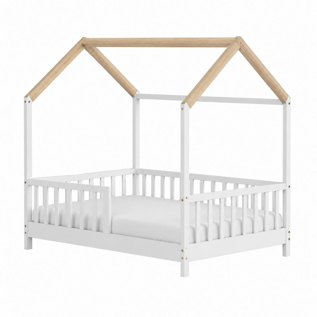 Lit cabane enfant à barrières forme maison blanc et pin massif 70 x 140 cm