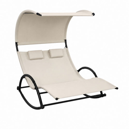 Bain de soleil double à bascule beige en acier et polyester avec pare-soleil 200 x 140 x 180 cm