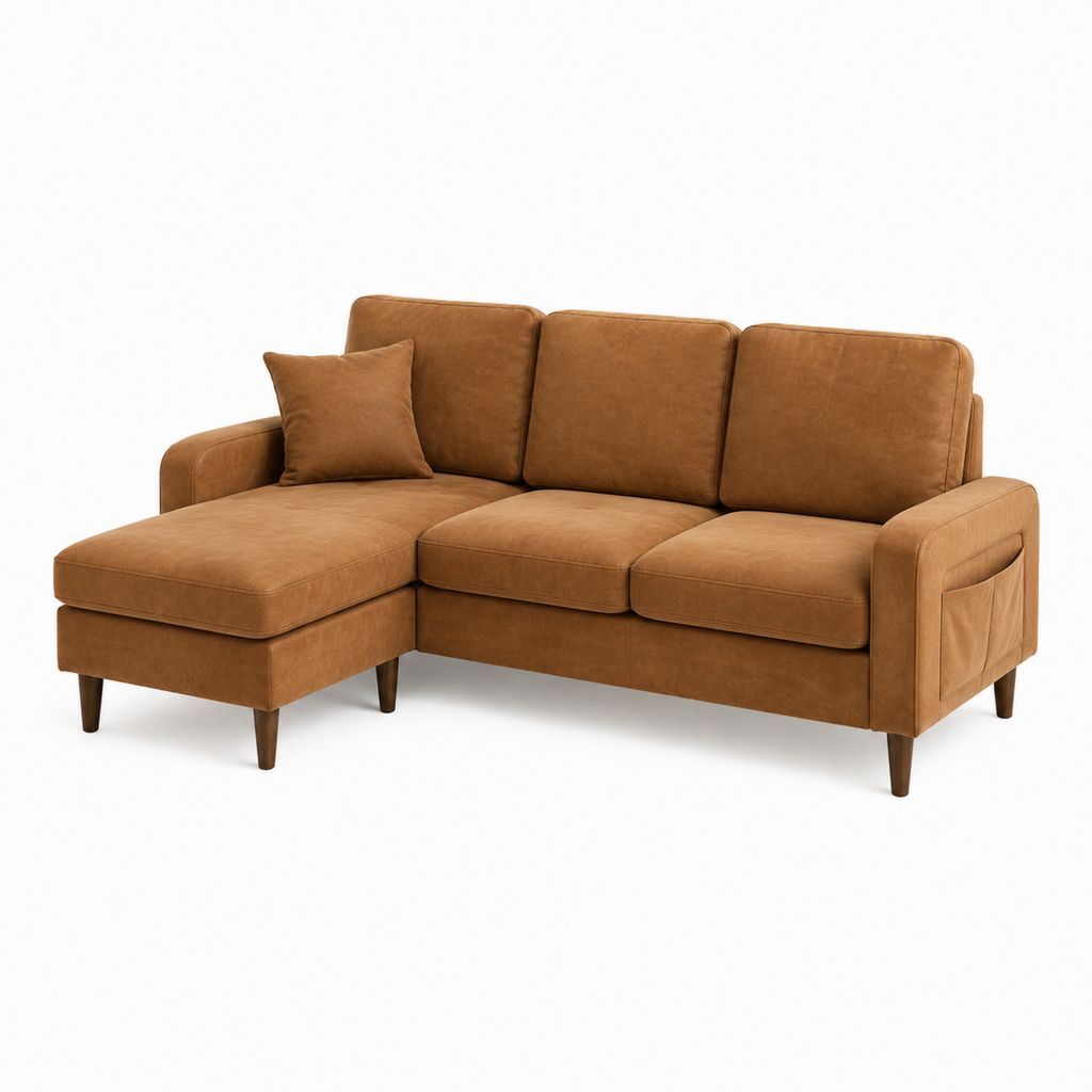 Canapé d'angle 3 places marron en microfibre polyester avec méridienne gauche 220 x 150 x 85 cm