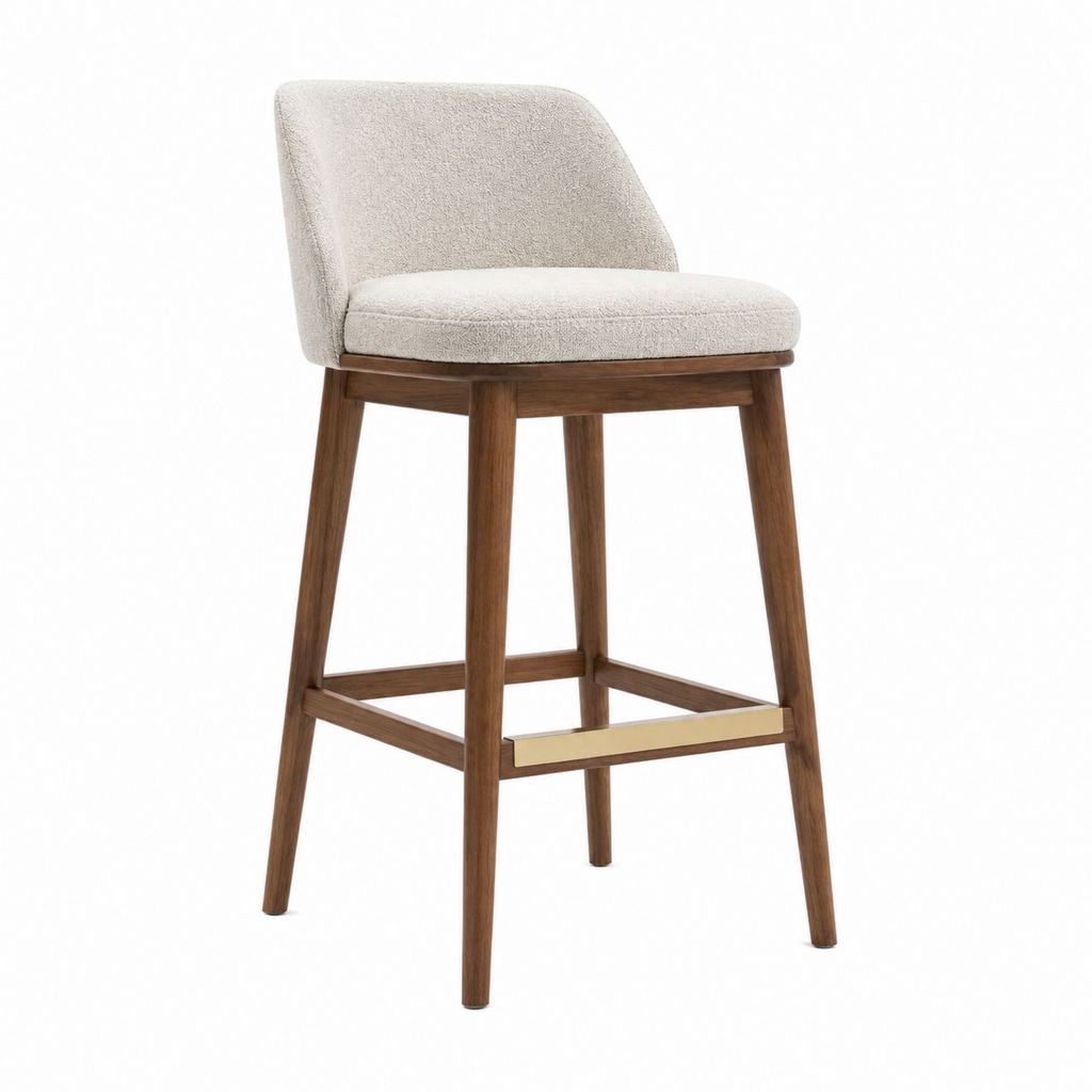 Tabouret de bar avec dossier beige en polyester bouclette et bois de noyer massif 50 x 53 x 101 cm