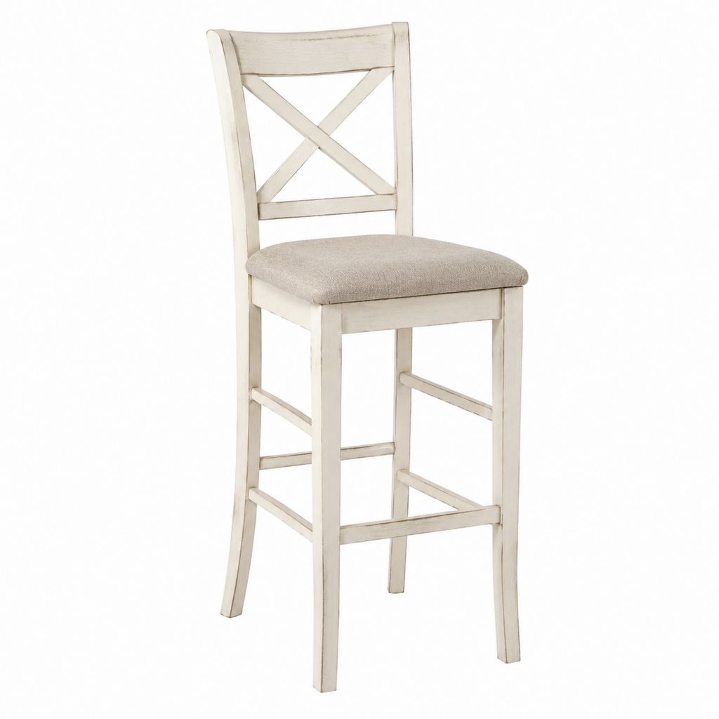 Tabouret de bar avec dossier blanc cassé en bois massif et assise beige en polyester 44 x 52 x 104 cm