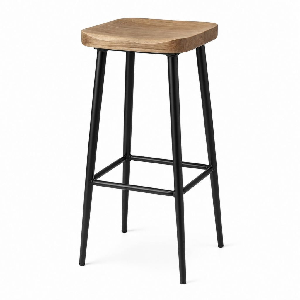 Tabouret de bar carré naturel et noir en placage chêne et acier 40 x 40 x 76 cm