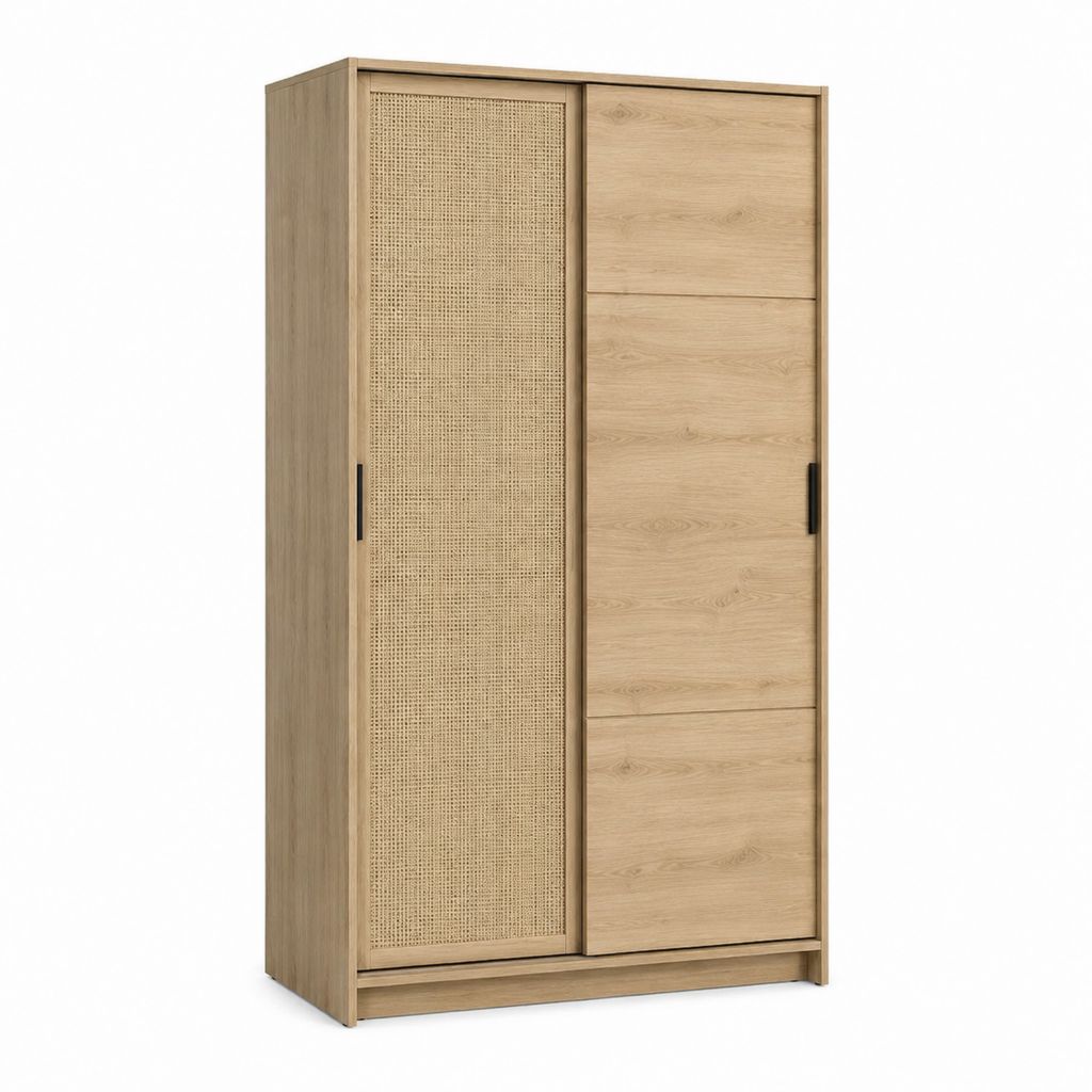 Armoire de chambre à 2 portes coulissantes chêne clair et rotin naturel 200 x 120 x 60 cm