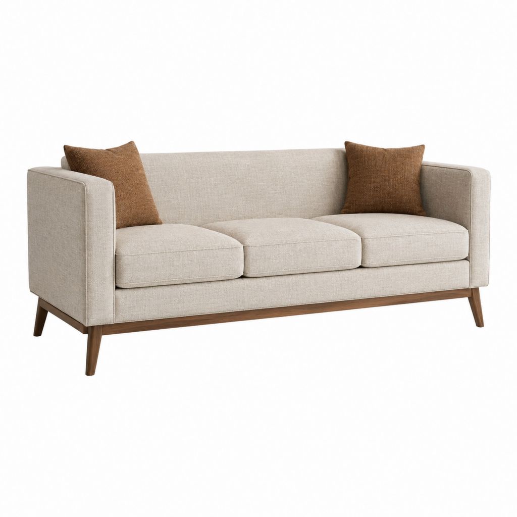 Canapé 3 places beige en polyester rectangulaire avec pieds en hévéa 210 x 90 x 85 cm