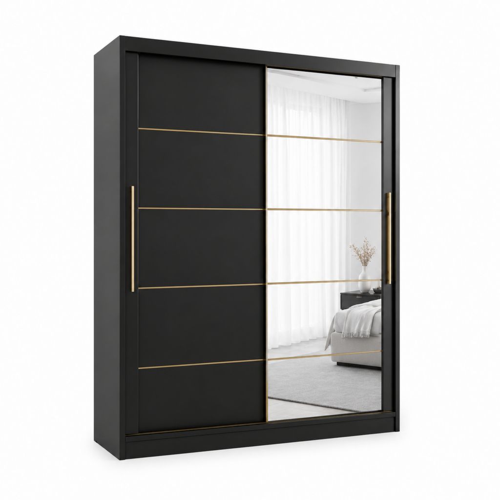 Armoire de chambre à portes coulissantes noire en panneaux de particules mélaminés avec miroir 180 x 60 x 200 cm