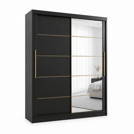Armoire de chambre à portes coulissantes noire en panneaux de particules mélaminés avec miroir 180 x 60 x 200 cm