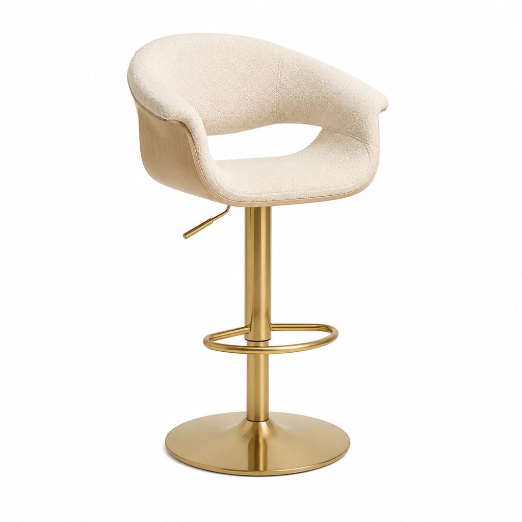 Tabouret de bar pivotant réglable crème en polyester bouclette avec base acier doré 54 x 52 x 88-109 cm