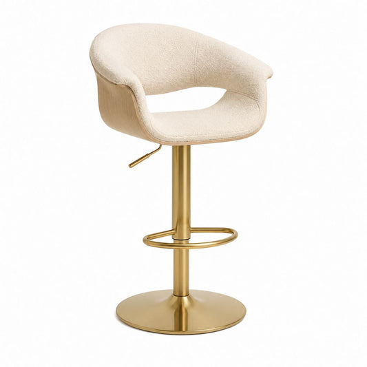 Tabouret de bar pivotant réglable crème en polyester bouclette avec base acier doré 54 x 52 x 88-109 cm