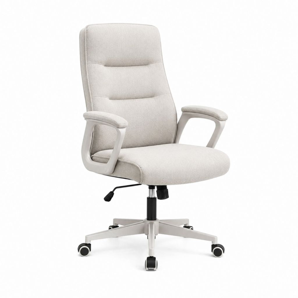 Chaise de bureau ergonomique pivotante beige en polyester avec accoudoirs 65 x 65 x 112-122 cm