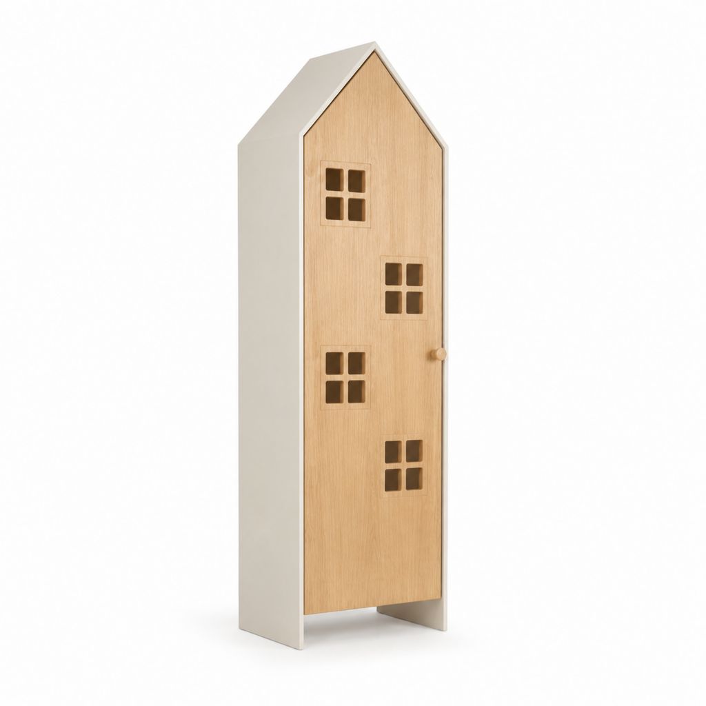 Armoire 1 porte forme maison blanc et chêne en panneaux MDF 60 x 45 x 180 cm
