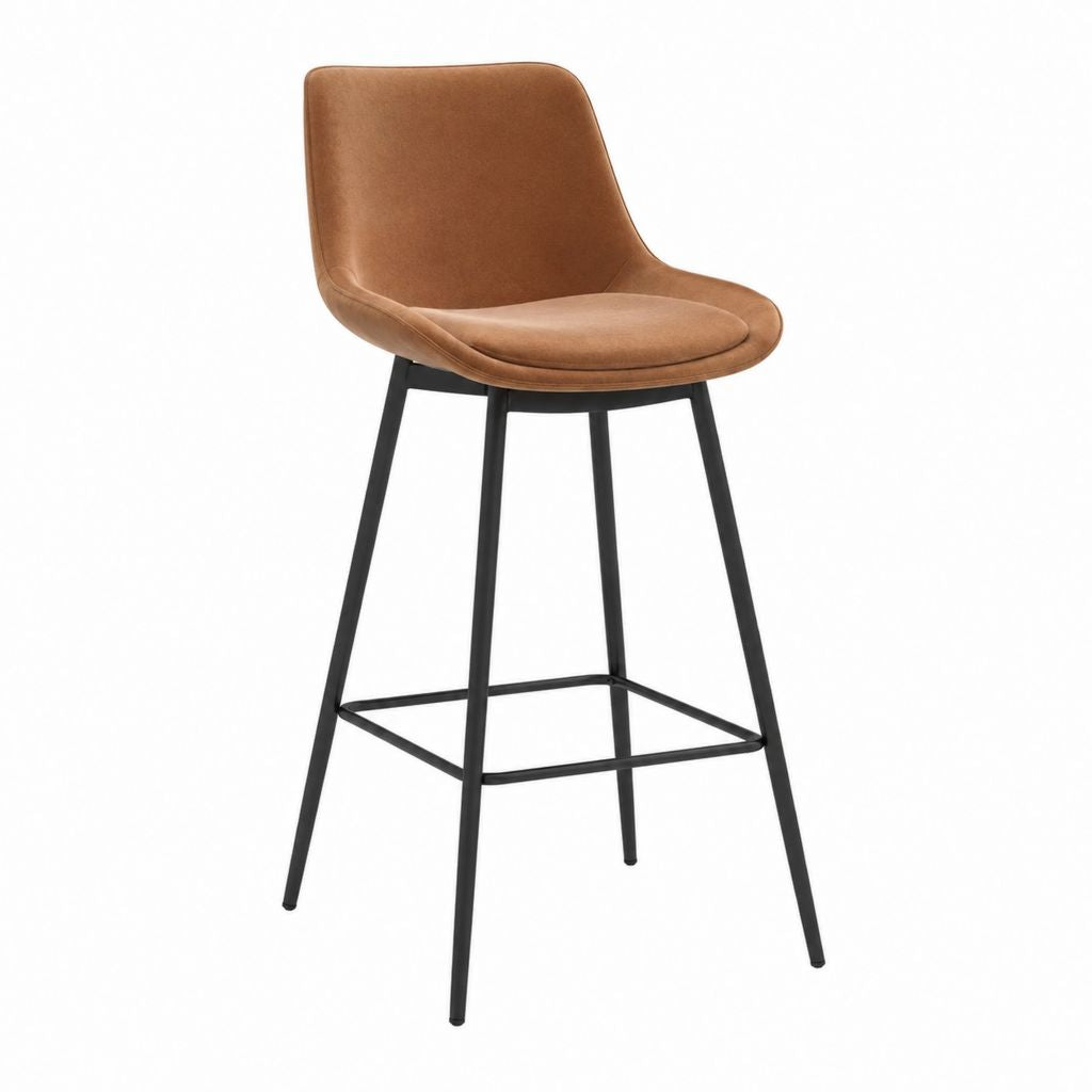 Tabouret de bar avec dossier marron en PU et acier noir hauteur d’assise 75 cm