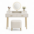 Coiffeuse avec miroir rond et tabouret crème en MDF et acier 100 x 45 x 135 cm