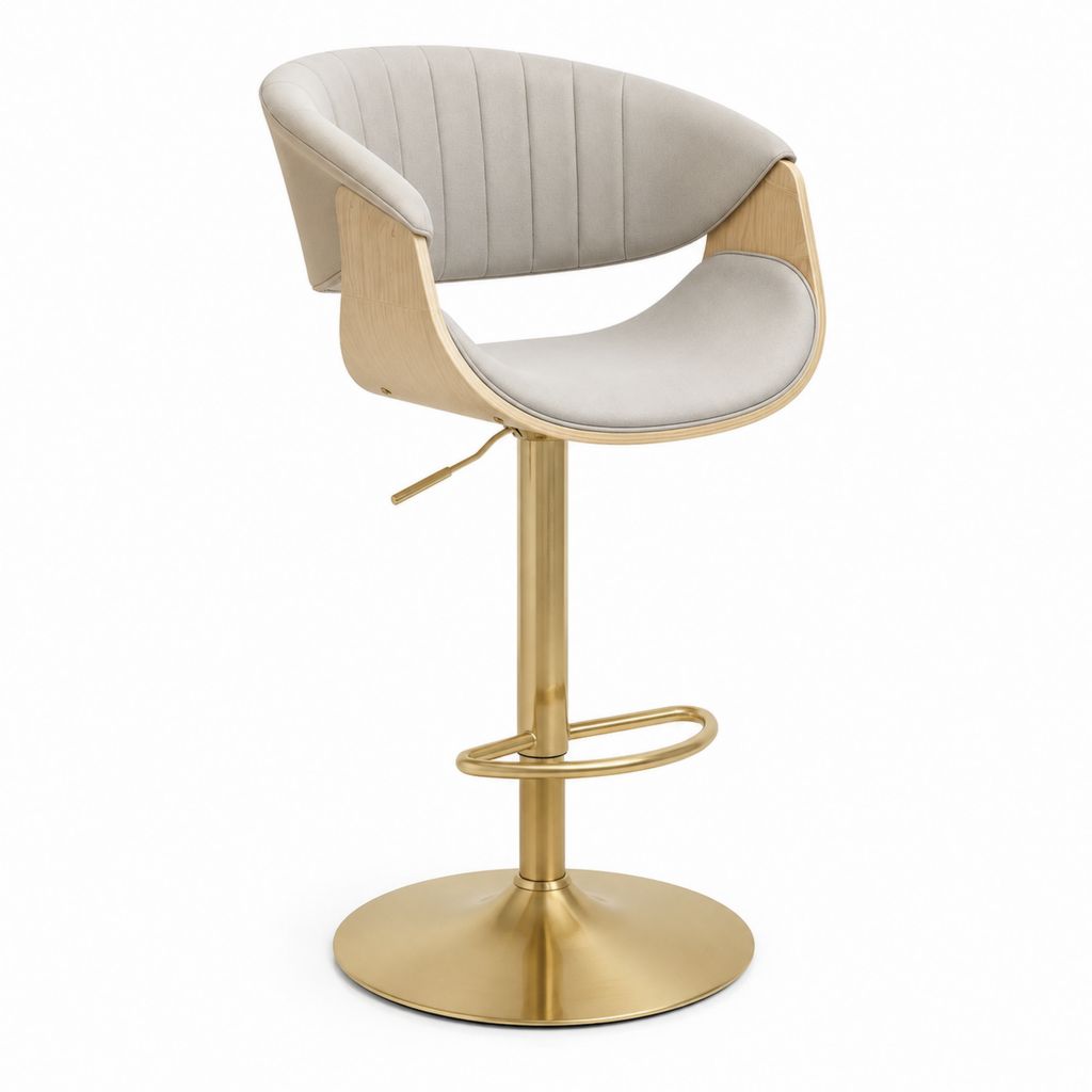 Tabouret de bar réglable beige en velours polyester et contreplaqué finition chêne dossier arrondi 52 x 54 x 90-110 cm