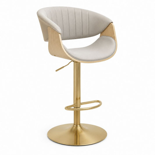 Tabouret de bar réglable beige en velours polyester et contreplaqué finition chêne dossier arrondi 52 x 54 x 90-110 cm